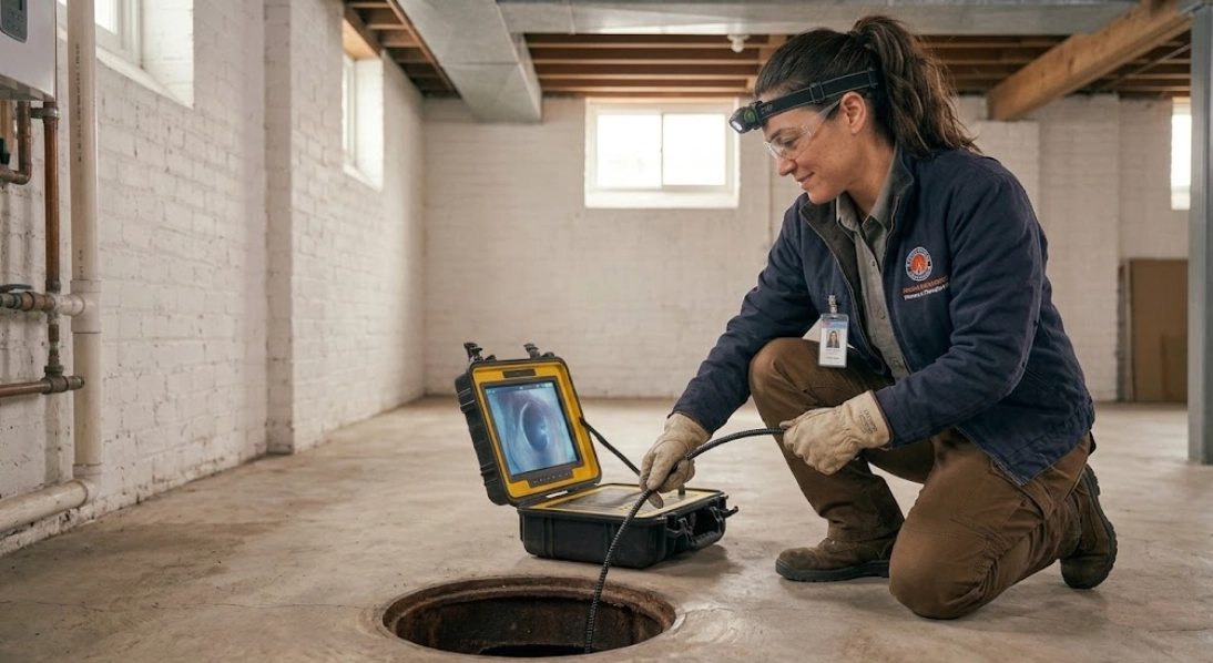 Licensed plumber conducting a sewer camera inspection using a digital monitor in a residential basement.